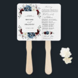 Slate Blue Burgundy White Ivory Wedding Program    Hand Fan<br><div class="desc">Slate,  Burgundy,  White ivory themed floral wedding program hand fan featuring elegant bouquet of burgundy,  slate,  dusty blue,  ivory roses and peony flowers and dusty green eucalyptus leaves. Please contact me for any help in customisation or if you need any other product</div>