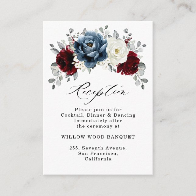 Slate Blue Burgundy White Ivory Wedding Reception Enclosure Card (Front)