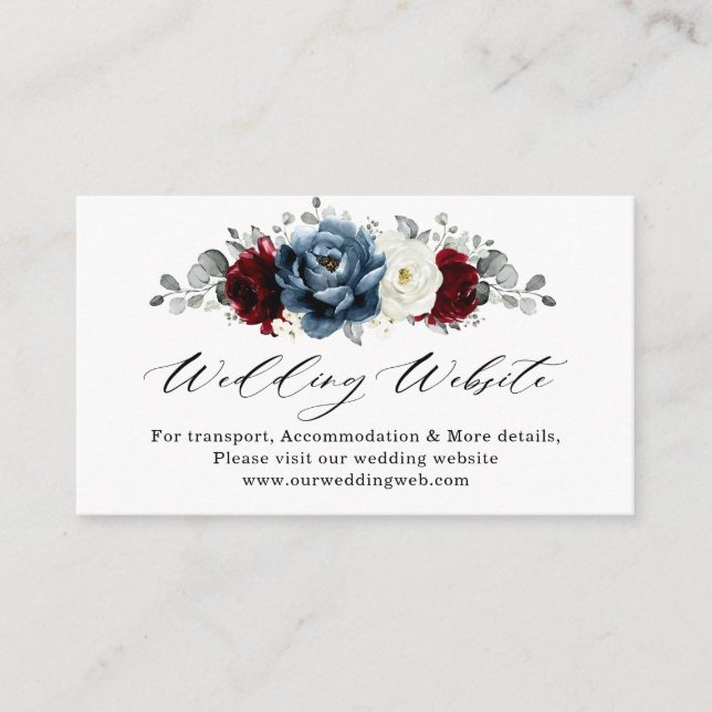 Slate Blue Burgundy White Ivory  Wedding Website   Enclosure Card (Front)