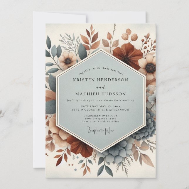 Slate Blue Burnt Orange Floral Wedding Invitation (Front)