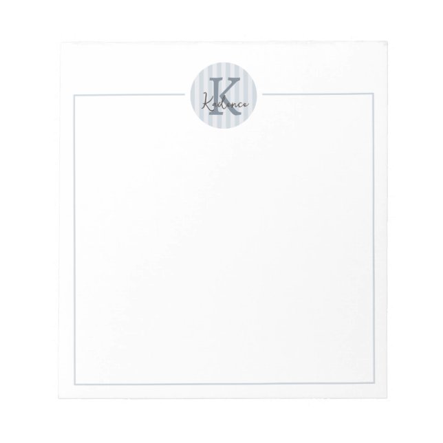 Slate Blue Charcoal Custom Striped Circle Monogram Notepad (Front)