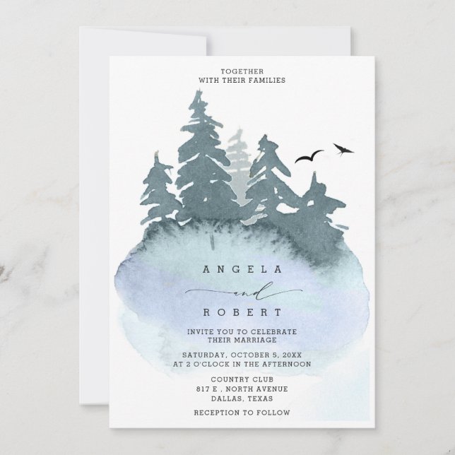 Slate Blue Coniferous Forest Nature Wedding Invitation (Front)