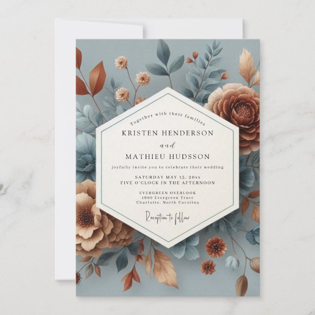 Slate Blue & Copper Floral Wedding Invitation (Front)