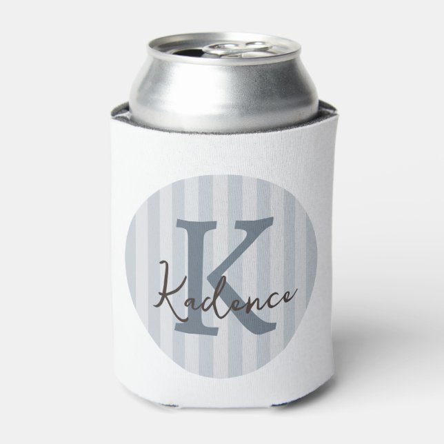 Slate Blue Custom Striped Circle Monogram Can Cooler (Can Front)