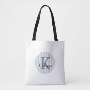 Slate Blue Custom Striped Circle Monogram Tote Bag