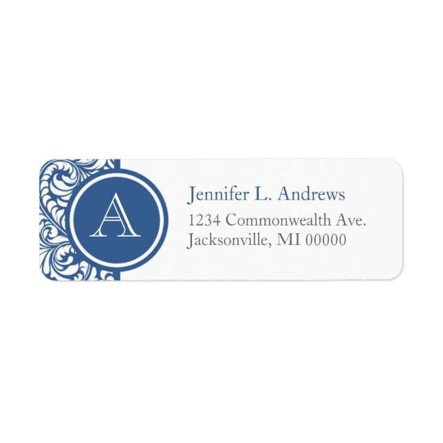 Slate Blue Damask Monogram Address Return Labels (Front)