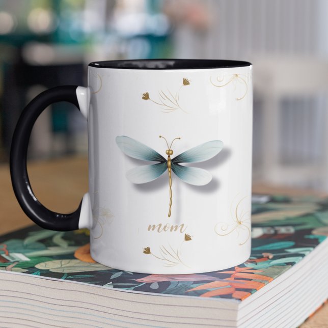 Slate Blue Dragonflies with Wheat Two-Tone Coffee Mug (Two toned customizable coffee  mug with slate blue dragonfly and wheat colored floral designs. )