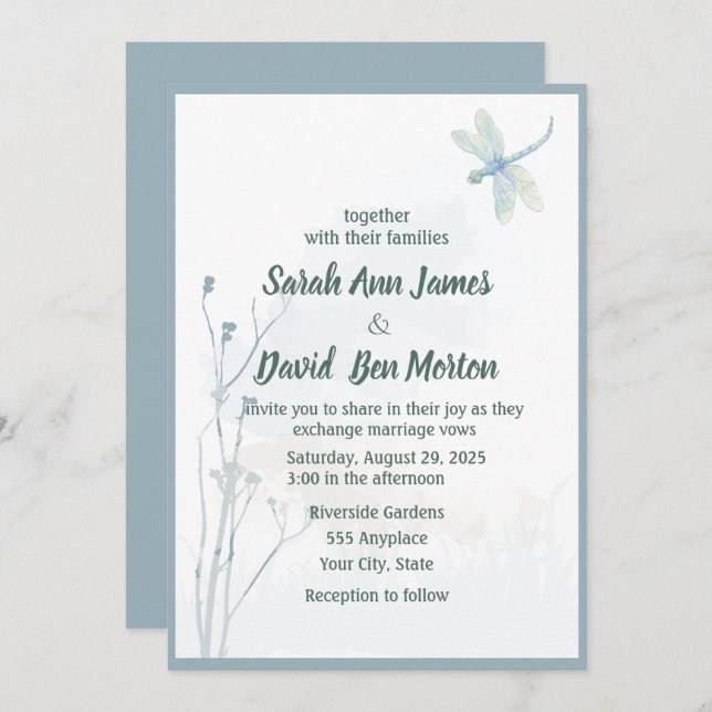Slate Blue Dragonfly Simple Greenery Wedding Invitation (Front/Back)