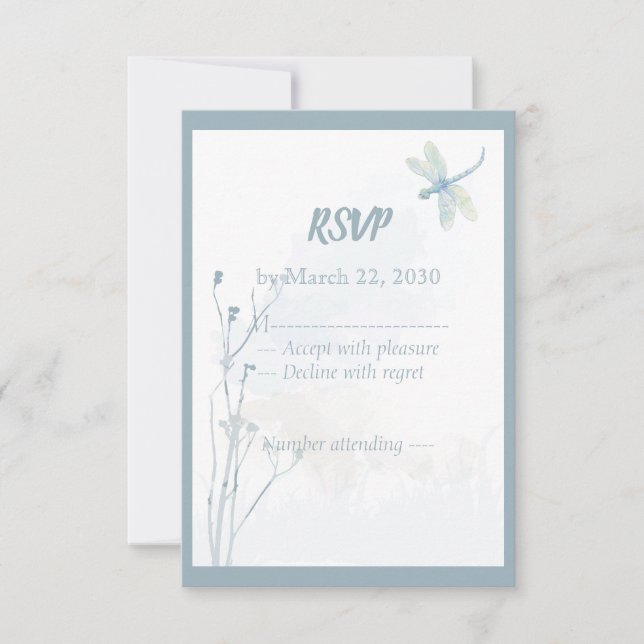 Slate Blue Dragonfly Simple Greenery Wedding RSVP Card (Front)