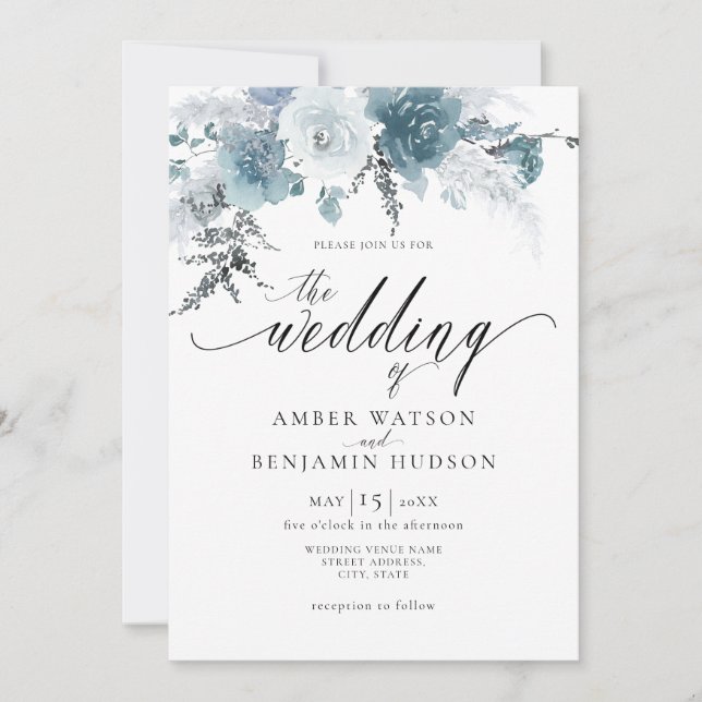 Slate Blue Dusty Pastel Floral Boho Pampas Wedding Invitation (Front)