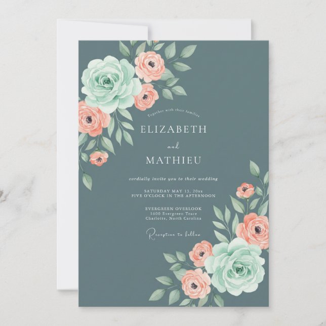 Slate Blue Elegant Rose Wedding Invitation (Front)