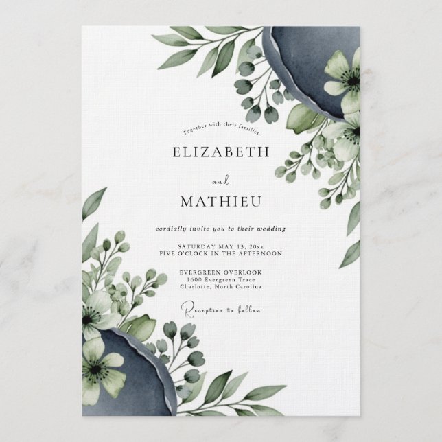 Slate Blue Ethereal Flora Wedding Invitation (Front)