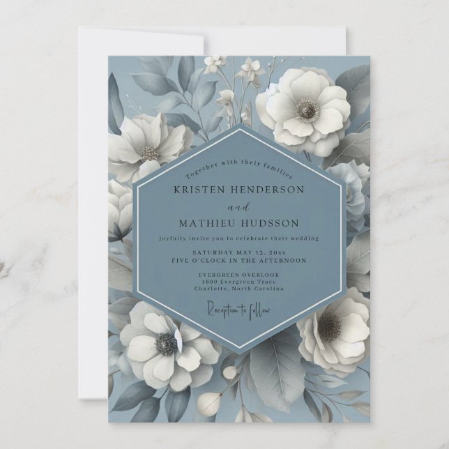 Slate Blue Ethereal Flora Wedding Invitation (Front)