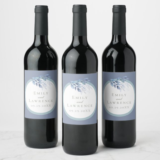 Slate Blue Eucalyptus Wedding Wine Bottle Label (Bottles)