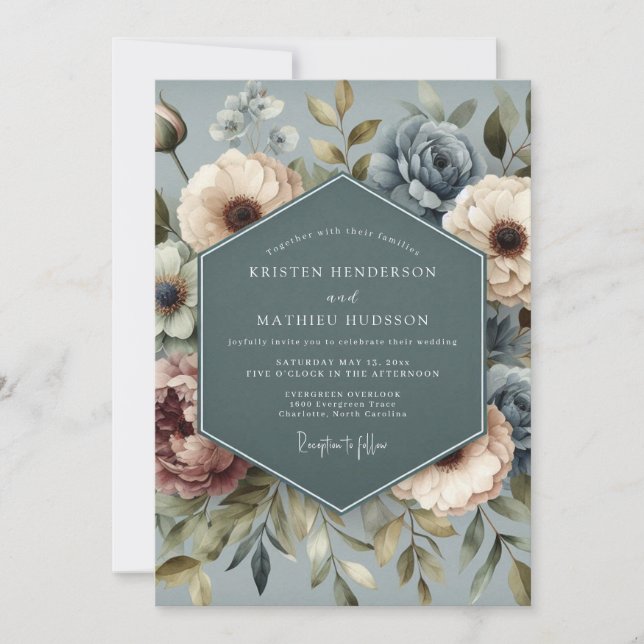 Slate Blue Faded Posy Wedding Invitation (Front)