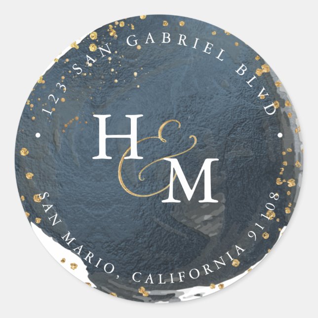 Slate Blue Faux Gold Script Ampersand   Classic Round Sticker (Front)