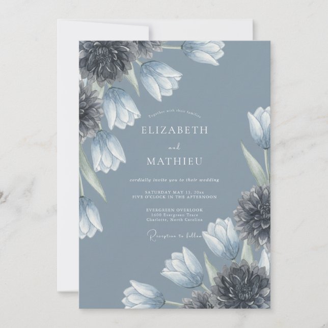 Slate Blue Floral Bloom Wedding Invitation (Front)