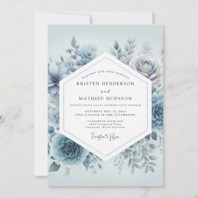 Slate Blue Floral Dream Wedding Invitation (Front)