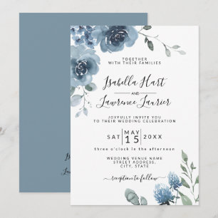 Slate Blue Floral Dusty Blue Pastel Wedding  Invitation