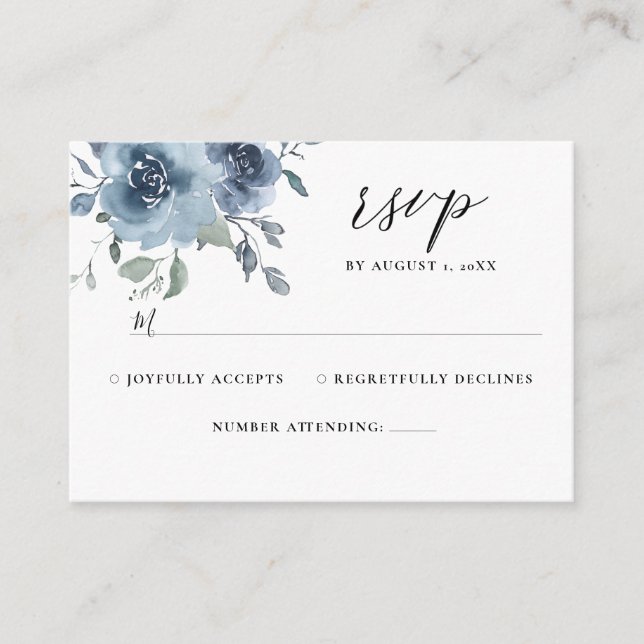 Slate Blue Floral Dusty Pastel Wedding RSVP Enclosure Card (Front)
