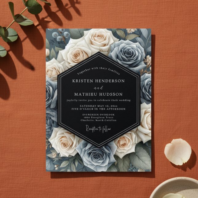 Slate Blue Floral Elegance Wedding Invitation (Creator Uploaded)