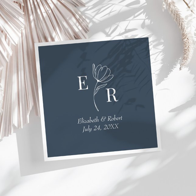 Slate Blue Floral Monogram Wedding  Napkin (Slate Blue Floral Monogram Wedding Napkins on a sunny white table.)