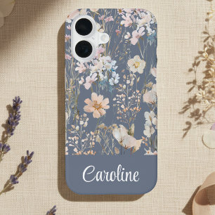 Slate Blue Floral Personalised iPhone 16 Case