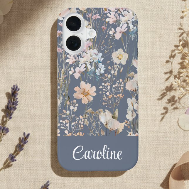 Slate Blue Floral Personalised  iPhone 16 Case (Creator Uploaded)