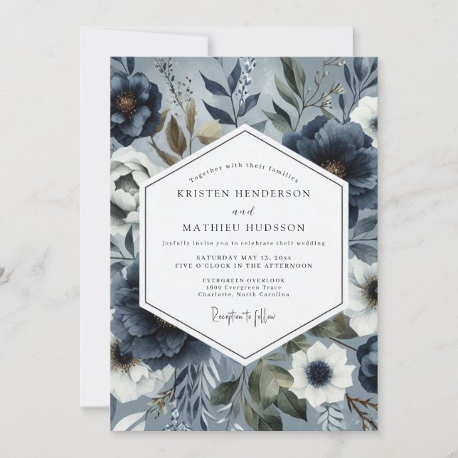 Slate Blue Floral Romance Wedding Invitation (Front)