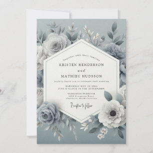 Slate Blue Floral Romantic Wedding Invitation
