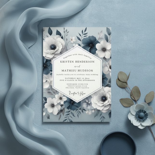 Slate Blue Floral Whisper Wedding Invitation (Creator Uploaded)