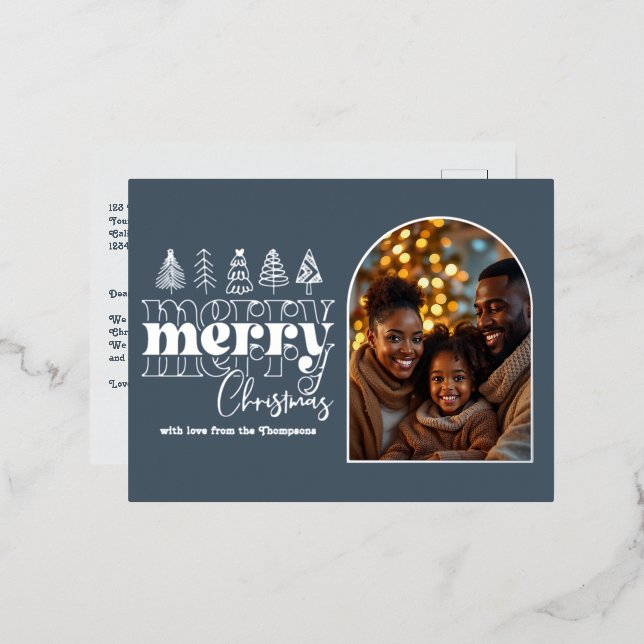 Slate Blue & Fog White Christmas Photo Foil Holiday Postcard (Front/Back)