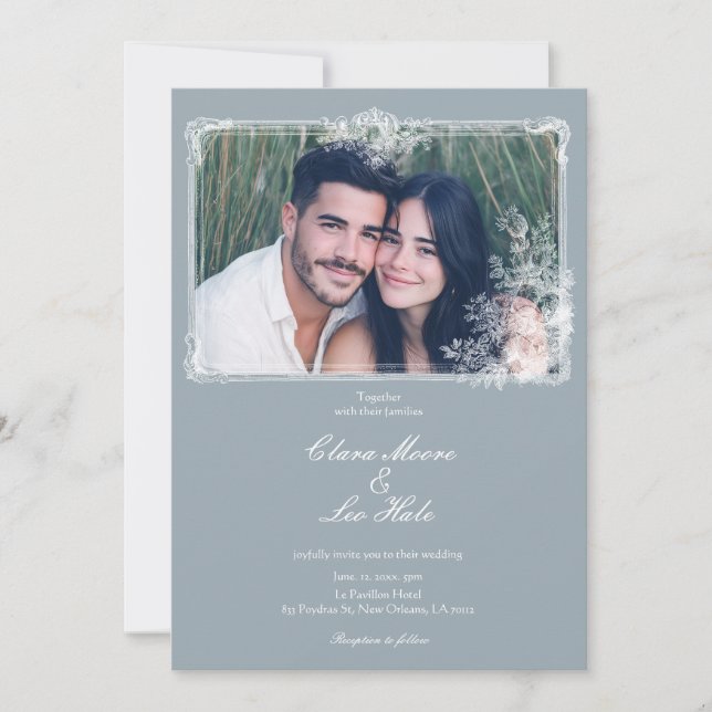 Slate Blue French Country Wedding Photo Invitation (Front)