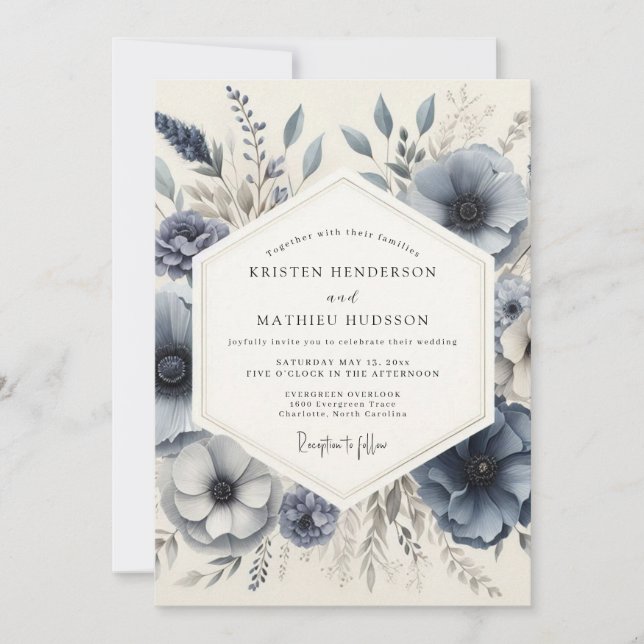 Slate Blue Frosted Floral Wedding Invitation (Front)