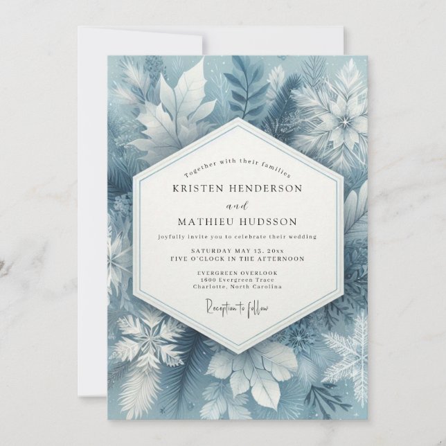 Slate Blue Frosty Bloom Wedding Invitation (Front)