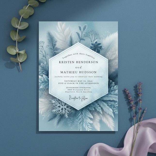 Slate Blue Frosty Botanical Wedding Invitation (Creator Uploaded)