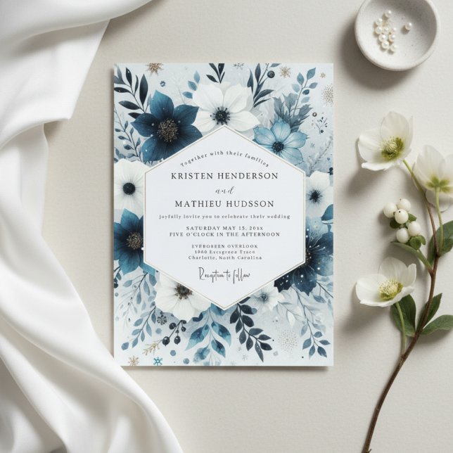 Slate Blue Frosty Flora Wedding Invitation (Creator Uploaded)