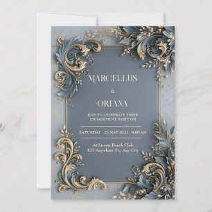 Slate Blue Gold Baroque Wedding Invitation