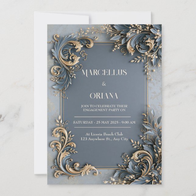 Slate Blue Gold Baroque Wedding Invitation (Front)