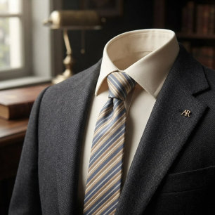 Slate Blue Gold Cream Stripe Tie