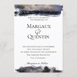Slate Blue Golden Brush Wedding Invitation