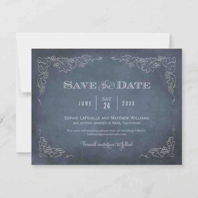 Slate Blue Grapevine Vineyard Wedding Save The Date (Front)