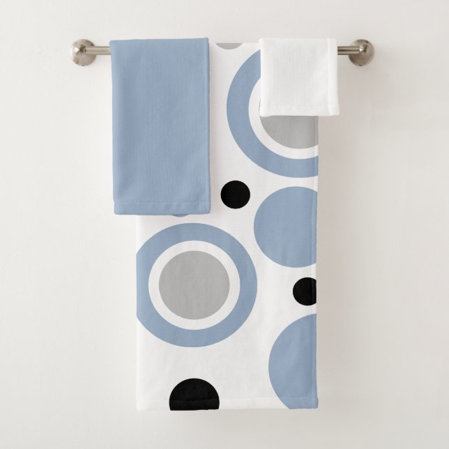 Slate Blue Grey White Solids and Geometric Print Bath Towel Set (Insitu)