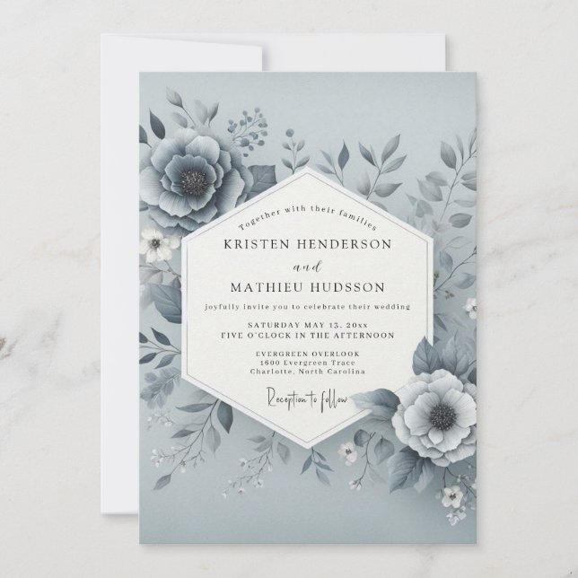 Slate Blue Hazy Bloom Wedding Invitation (Front)