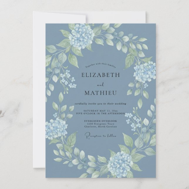 Slate Blue Hydrangea Eucalyptus Wedding Invitation (Front)