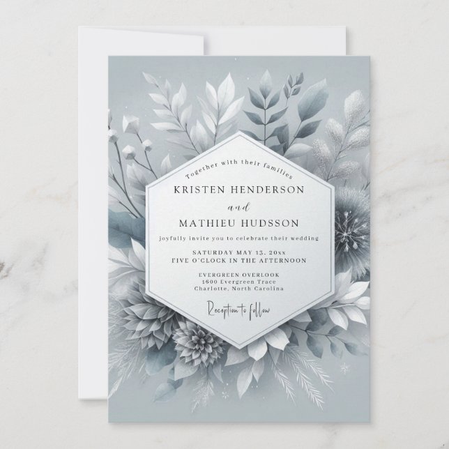 Slate Blue Icy Botanical Wedding Invitation (Front)