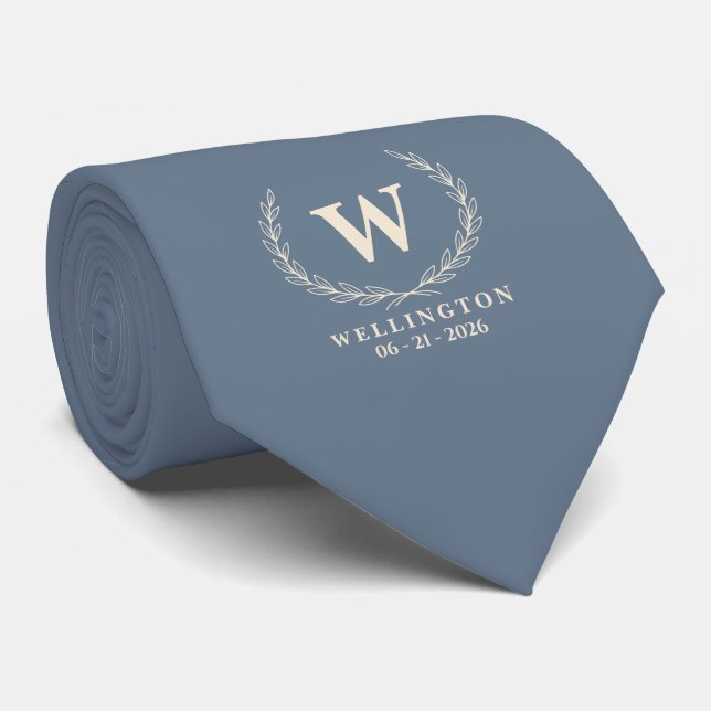 Slate Blue Ivory Laurel Monogram Name Wedding Date Tie (Rolled)
