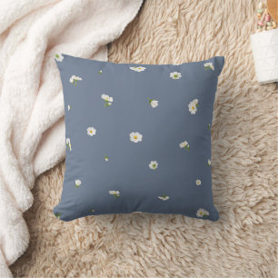 Slate Blue Japanese White Cosmos Floral Pattern Cushion