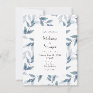 Slate Blue Layered Watercolor Leaves  Invitation