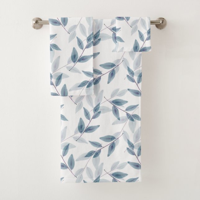 Slate Blue Layered Watercolor Leaves Pattern  Bath Towel Set (Insitu)